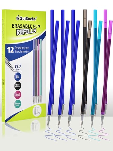 GutSache 12x Radierbarer Ersatzminen für Legami-Stifte, Kompatibel Mit Legami - Blau, Schwarz, Violette, Türkis- Thermoempfindliche Tinte, Stiftspitze 0,7mm, Höhe 13 cm, Gelschreibermine Radierbar von GutSache