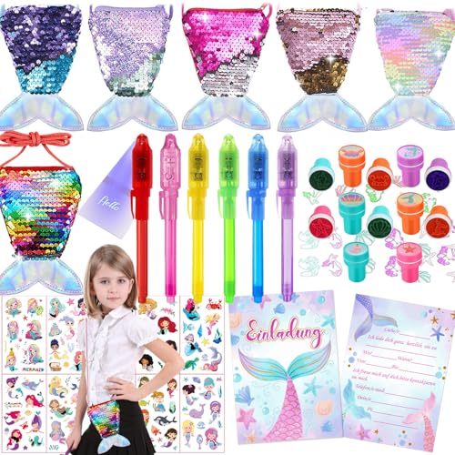 Meerjungfrau Kindergeburtstag Party Mitgebsel Set mit Einladungskarten, Pailletten Geldbörse, DIY Armbänder, UV-Licht Stift, Tattoos und Stempel für Kinder Mädchen Meerjungfrau Party Gastgeschenk von Gutenguy