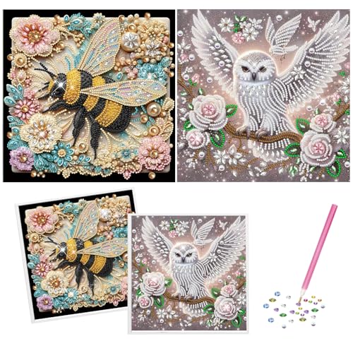 Eule and Biene Diamond Painting Erwachsene Tiere Set - 5D Diamant Painting Bilder Set für Erwachsene und Kinder, DIY Kristallmosaik-Malerei mit Spezialgeformten Diamanten for Home Wand Décor 25x25cm von Gutluz