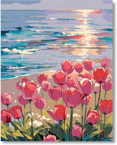 Gutluz Malen Nach Zahlen Erwachsene Blumen am Meer Malen Nach Zahlen Blume Malen-Nach-Zahlen Erwachsene Blumen Paint By Numbers Adults Landschaft Painting By Numbers Leinwand Pinsel Farben 40x50cm von Gutluz