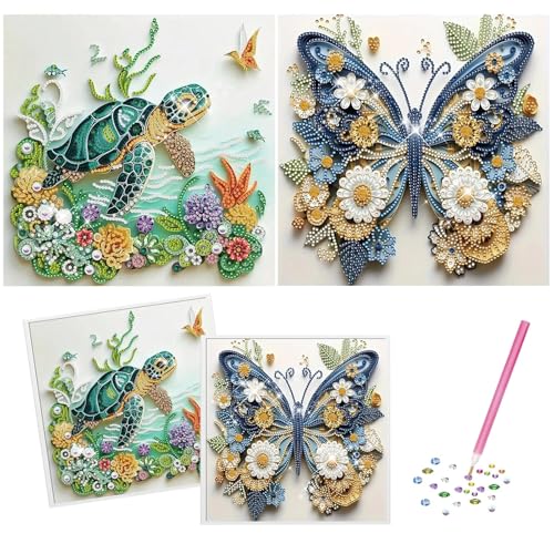 Schildkröte and Schmetterling Diamond Painting Tiere Set - 5D Diamant Painting Bilder für Erwachsene und Kinder, DIY Kristallmosaik-Malerei mit Spezialgeformten Diamanten for Home Wand Décor 25x25cm von Gutluz