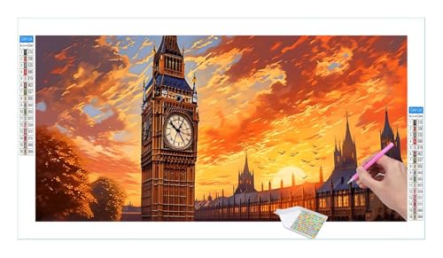 Big Ben London Diamond Painting Erwachsene Groß XXL 40x20cm, DIY 5D Diamant Painting Bilder, Diamant Kunst Malerei Stickerei Kreuzstich Set, Diamond Painting fur Wohnzimmer Schlatimmer Wanddeko Y-75 von Guuogxan