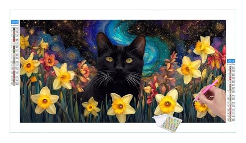 Blumen Schwarze Katze Diamond Painting Erwachsene Groß XXL 40x20cm, DIY 5D Diamant Painting Bilder, Diamant Kunst Malerei Stickerei Kreuzstich Set, Diamond Painting fur Wohnzimmer Wanddeko Y-242 von Guuogxan