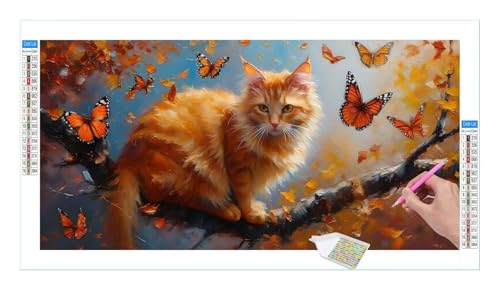 Butterfly Cat Diamond Painting Erwachsene Groß XXL 40x20cm, DIY 5D Diamant Painting Bilder, Diamant Kunst Malerei Stickerei Kreuzstich Set, Diamond Painting fur Wohnzimmer Schlatimmer Wanddeko Y-221 von Guuogxan