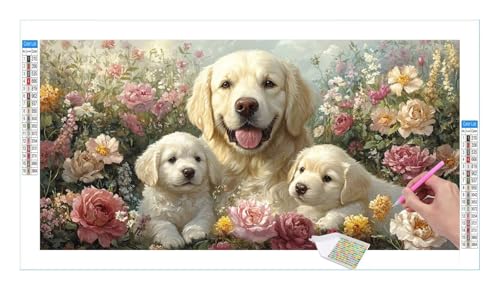 Diamond Painting Set for Adults, Large XXL 5D DIY Diamond Painting Pictures Art Crystal Set, Hunde und Hunde Babys Diamond Painting Accessories, Mosaic Making, Home Wall Decor, 140x70cm R-158 von Guuogxan