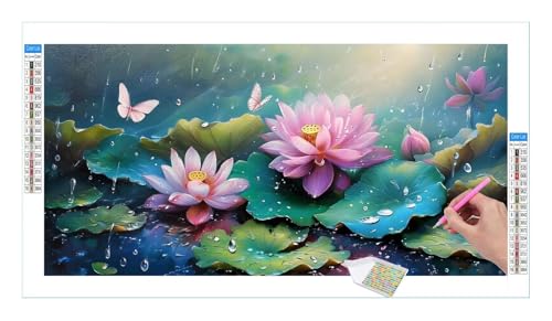 Diamond Painting Set for Adults, Large XXL 5D DIY Diamond Painting Pictures Art Crystal Set, Lotus Teich Lotus Blume Diamond Painting Accessories, Mosaic Making, Home Wall Decor, 140x70cm R195 von Guuogxan