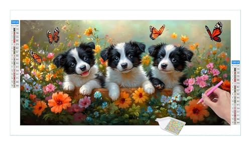 Diamond Painting Set für Enwachsene DIY 5D Hund Blume Diamond Painting Bilder mit Quadrat Full Drill Groß Diamond Art Painting Kit für Home Wall Decor, Weihnachten Geschenke 120x60cm/48x24in T-155 von Guuogxan