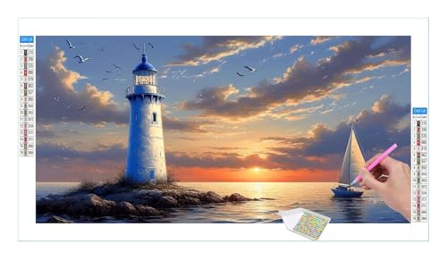 Diamond Painting Set für Enwachsene DIY 5D Leuchtturm Schiff Diamond Painting Bilder mit Quadrat Full Drill Groß Diamond Art Painting Kit für Home Wall Decor,Weihnachten Geschenke 120x60cm/48x24in T89 von Guuogxan