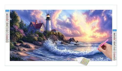 Diamond Painting Set für Enwachsene DIY 5D Leuchtturm Wellen Diamond Painting Bilder mit Quadrat Full Drill Groß Diamond Art Painting Kit für Home Wall Decor,Weihnachten Geschenke 120x60cm/48x24in T92 von Guuogxan