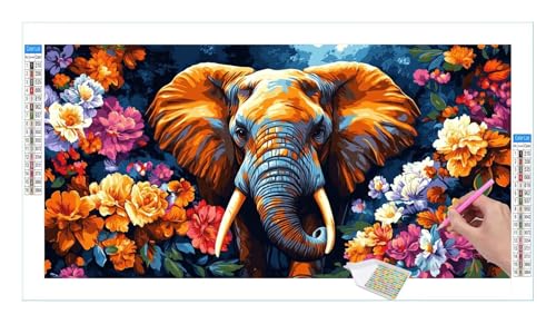 Elefant Blume Diamond Painting Erwachsene Groß XXL 40x20cm, DIY 5D Diamant Painting Bilder, Diamant Kunst Malerei Stickerei Kreuzstich Set, Diamond Painting fur Wohnzimmer Schlatimmer Wanddeko Y-83 von Guuogxan