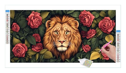 Löwe Blume Diamond Painting Erwachsene Groß XXL 40x20cm, DIY 5D Diamant Painting Bilder, Diamant Kunst Malerei Stickerei Kreuzstich Set, Diamond Painting fur Wohnzimmer Schlatimmer Wanddeko Y-471 von Guuogxan