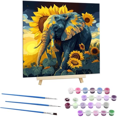 Malen Nach Zahlen Erwachsene, Paint by Numbers Elefant Sonnenblume Malen Nach Zahlen set, DIY mit Pinseln und Acrylfarben Handgemalt Ölgemälde Leinwand für Home Dekorieren, mit Rahmen 70x70cm b-141 von Guuogxan