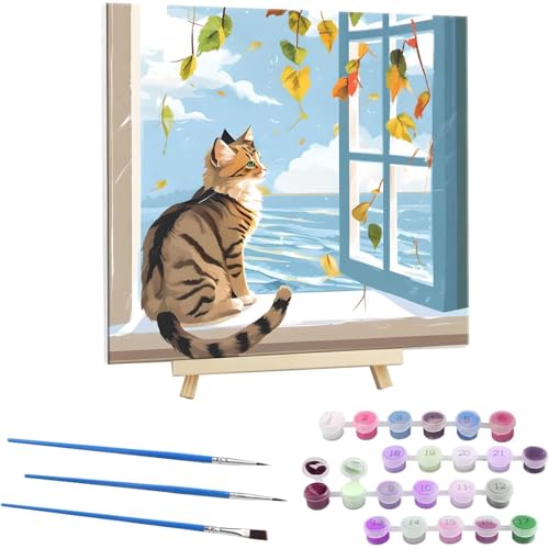 Malen Nach Zahlen Erwachsene, Paint by Numbers Fensterbank cat Malen Nach Zahlen set, DIY mit Pinseln und Acrylfarben Handgemalt Ölgemälde Leinwand für Home Dekorieren, mit Rahmen 55x55cm b-139 von Guuogxan