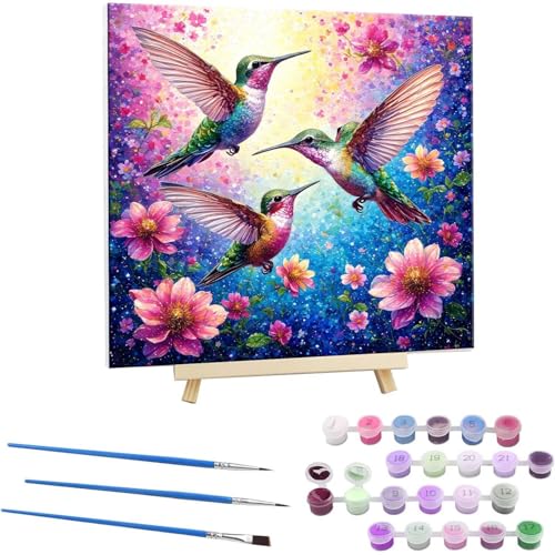 Malen Nach Zahlen Erwachsene, Paint by Numbers Kolibri Blumen Malen Nach Zahlen set, DIY mit Pinseln und Acrylfarben Handgemalt Ölgemälde Leinwand für Home Dekorieren, mit Rahmen 70x70cm b-195 von Guuogxan