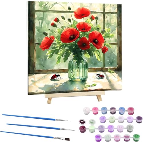 Malen Nach Zahlen Erwachsene mit Rahmen, DIY Fensterbank Blumen Malen Nach Zahlen für Kinder Ab 5 6 7 8 9 10 Jahre, Handgemalt Ölgemälde Kit Kreative Geschenke für Wanddekoration 70x70cm N-137 von Guuogxan