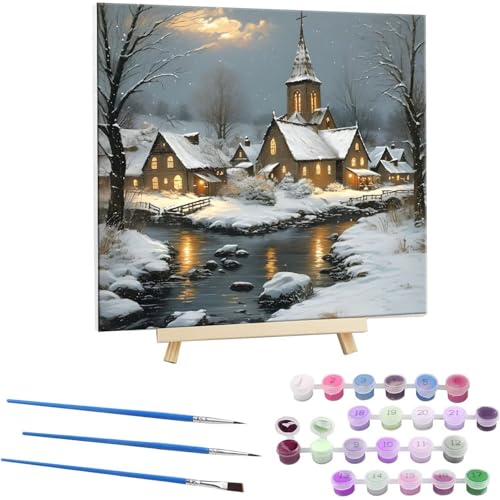 Malen Nach Zahlen Erwachsene mit Rahmen, DIY Winter Cottage Malen Nach Zahlen für Kinder Ab 5 6 7 8 9 10 Jahre mit Rahmen,Handgemalt Ölgemälde Kit Kreative Geschenke für Wanddekoration 55x55cm N-156 von Guuogxan