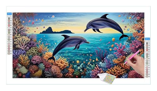 Ocean Dolphin Diamond Painting Erwachsene Groß XXL 40x20cm, DIY 5D Diamant Painting Bilder, Diamant Kunst Malerei Stickerei Kreuzstich Set, Diamond Painting fur Wohnzimmer Schlatimmer Wanddeko Y-189 von Guuogxan