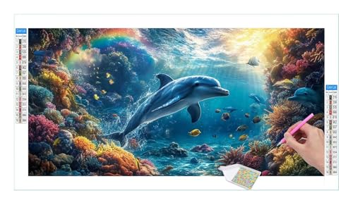 Ocean Dolphin Diamond Painting Erwachsene Groß XXL 40x20cm, DIY 5D Diamant Painting Bilder, Diamant Kunst Malerei Stickerei Kreuzstich Set, Diamond Painting fur Wohnzimmer Schlatimmer Wanddeko Y-191 von Guuogxan