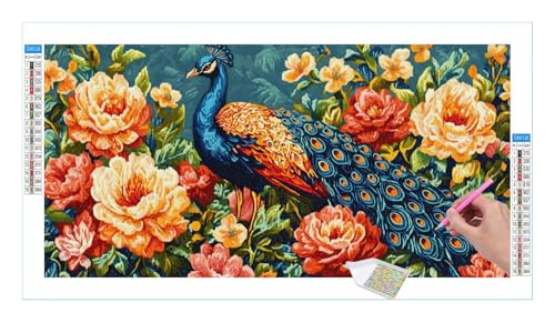 Pfau Pfingstrose Diamond Painting Erwachsene Groß XXL 40x20cm, DIY 5D Diamant Painting Bilder, Diamant Kunst Malerei Stickerei Kreuzstich Set, Diamond Painting fur Wohnzimmer Schlatimmer Wanddeko Y302 von Guuogxan