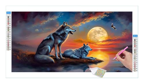 Wolf Mond Diamond Painting Erwachsene Groß XXL 40x20cm, DIY 5D Diamant Painting Bilder, Diamant Kunst Malerei Stickerei Kreuzstich Set, Diamond Painting fur Wohnzimmer Schlatimmer Wanddeko Y-313 von Guuogxan