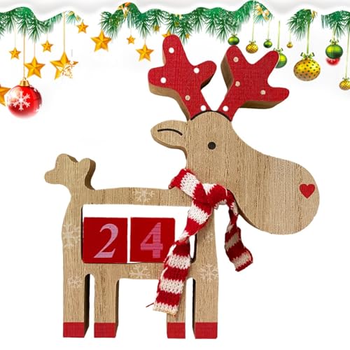 Guvbkfaw Weihnachts Holzblock Kalender, Elch Holz Adventskalender, Countdown Kalender Holz Weihnachten, Elchfigur Aus Holz, Weihnachten Elch Statue Kalender, Holz Dreidimensionaler Kalender 16x15x3 Cm von Guvbkfaw