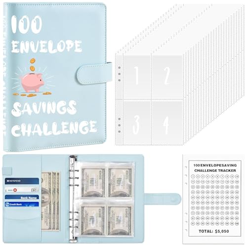 Guyode A5 Geld Sparen Mappe, Sparbuch für Geld Challenge, 100 Umschläge Spar Challenge Ordner Geldsparmappe, Sparmappe 25 Karten, Geldsparbinder Budget Binder, 100 Envelope Challenge Binder von Guyode