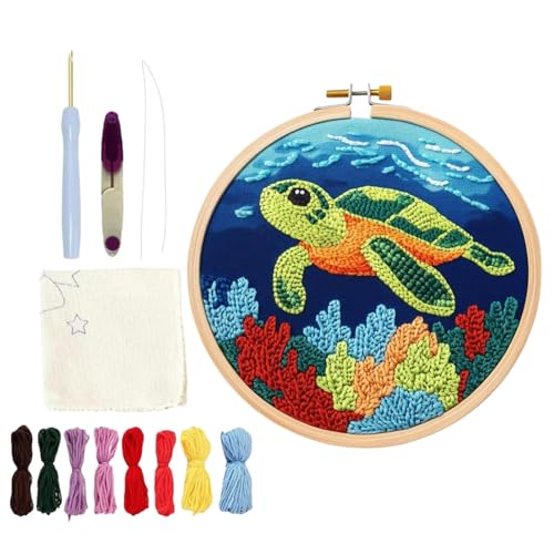 Gvblkq Breathable Punch Needle Kit, Turtle Pattern Stitching Embroidery Tool Set, Cloth Includes Needle, Instruction Fabric Hoop, Yarn, Crafting Supplies for Beginners, Adults, Kids von Gvblkq