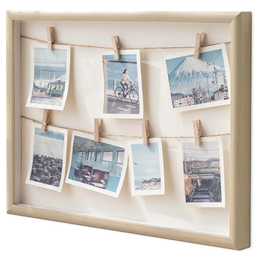 Gwezmxs Bilderrahmen Collage, Fotohalter mit Klammern, Bilderrahmen mit Klammern und Leine, Fotocollage mit 7 Klammern für Polaroid Fotos, Photo Frame with Clips, Holz, 42x32cm von Gwezmxs