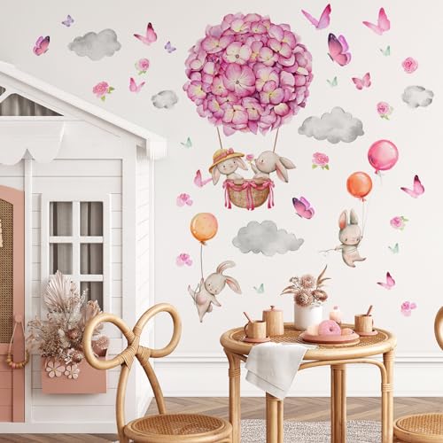 Gwezmxs Wandtattoo Kinderzimmer Mädchen, Schmetterlinge Heißluftballon Kaninchen Blumen Wandsticker, Heißluftballon Wanddeko für Baby Kleinkinderzimmer, Selbstklebende Tapete und Wandbilder von Gwezmxs