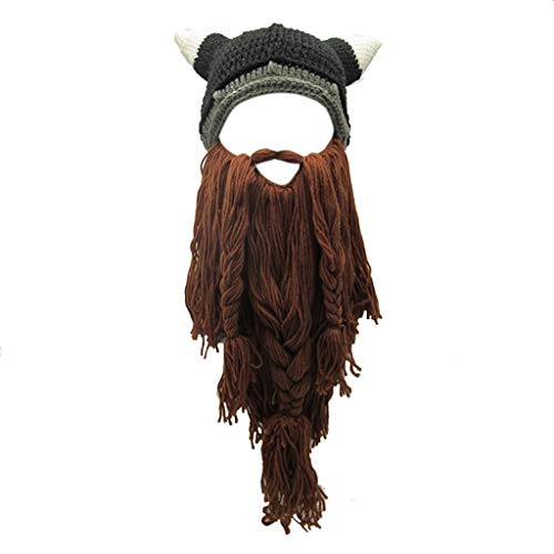 Gwxevce Erwachsene verrückte lustige Halloween Cosplay gestrickte Viking Bart Horn Hut Ski Maske Barbarian Vagabond Vintage Beanie Cap Winter wärmer Kaffee von Gwxevce