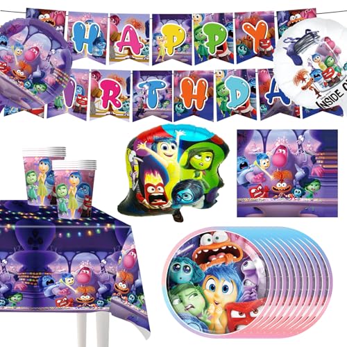 45Pcs Partygeschirr Geburtstagsdeko, In-side Out Geburtstag Partygeschirr Set mit Pappteller Tassen Servietten Tischdecke Luftballons Happy Birthday Banner, Kindergeburtstag Geschirr Tischdeko von Gxhong