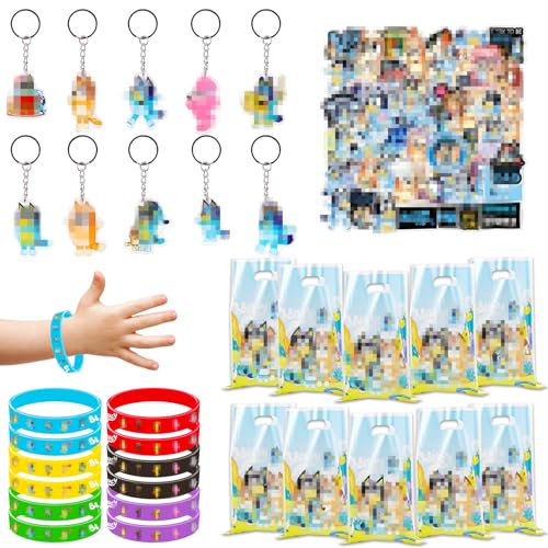 82Pcs Blue Party Mitgebsel Set, Blue Mitgebsel Geburtstag, 12 Silikonarmbänder, 10 Schlüsselanhänger, 10 Geschenktüte, 50 Aufkleber, Kinder Party Kleine Geschenke Give Aways von Gxhong