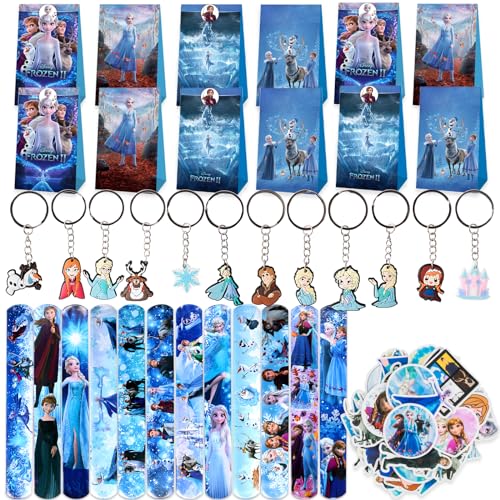 86Pcs Frozen Party Mitgebsel, Frozen Geschenktüten Schlüsselanhänger Party Klatschen Armband Frozen Aufkleber, Frozen Kinder Ggeburtstag Mitgebsel, für Kinder Jungen Mädchen Geschenke Party Zubehö von Gxhong