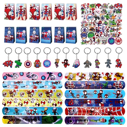 86Pcs Spider-Man Party Mitgebsel, Spiderman Geschenk Taschen Party Klatschen Armband Schlüsselanhänger Aufkleber, für Kinder Jungen Mädchen Spidey and His Amazing Friends Geschenke Party Zubehör von Gxhong