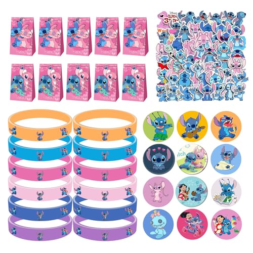 86Pcs Sti-tch Mitgebsel Geburtstag, Sti-tch Party Mitgebsel Set, 12 Geschenktaschen, 12 Silikon Armband, 12 Buttons Anstecker, 50 Kinder Aufkleber, Kindergeburtstag Party, für Jungen Mädchen Kinder von Gxhong