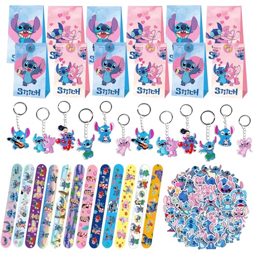 86Pcs Stitch Kindergeburtstag Party Geschenke, Geschenktüten Schlüsselanhänger Party Klatschen Armband Aufkleber, Stitch Kinder Party Mitgebsel, für Jungen Mädchen Stitch Thema Party Geschenke von Gxhong