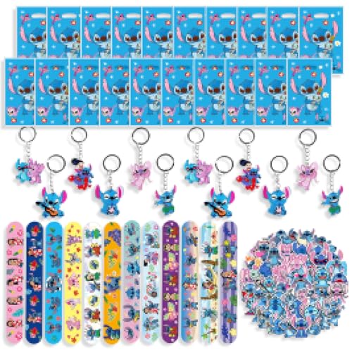 94Pcs Stitch Party Mitgebsel, Stitch Schlüsselanhänger Party Klatschen Armband Geschenktüten Stitch Sticker Set, Stitch Kindergeburtstag Geschenke, für Jungen Mädchen Stitch Gastgeschenke Kinder von Gxhong