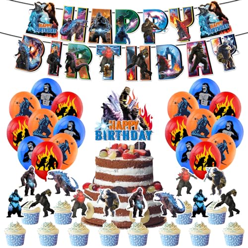 Godzilla Thema Party Dekoration, 32Pcs Godzilla Kindergeburtstag Party Deko, Godzilla vs Kong Geburtstag Luftballons Set, Happy Birthday Banner Cake Toppers, für Jungen Godzilla Kinder Party Supplies von Gxhong