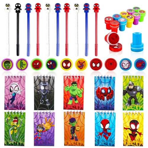 Gxhong 30Pcs Spiderman Party Mitgebsel Set, Spiderman-Schreibwaren für Kinder, 10 Mini Notizbuch, 10 Cartoon Gel Stift und 10 Spiderman Stempel, Schulpreise, Geburtstagsgeschenk für Kinder von Gxhong