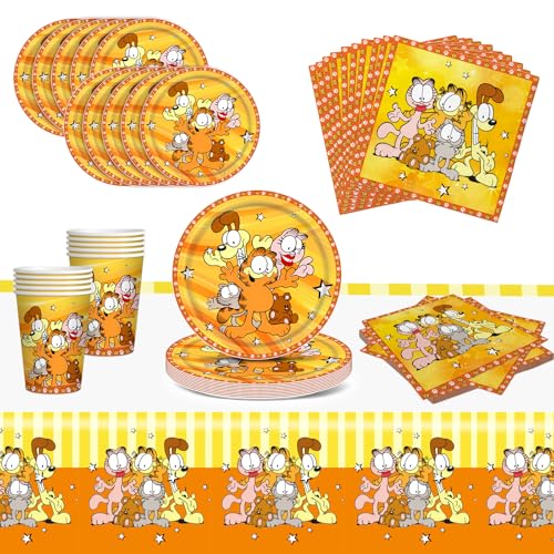 Gxhong 41Pcs Garfield Party Deko Geschirr, Kinder Geburtstag Geschirr, Garfield Thema Party Geschirr Set, Geburtstag Pappteller Servietten Becher Tischtücher, für Jungen Mädchen Party Papiergeschirr von Gxhong