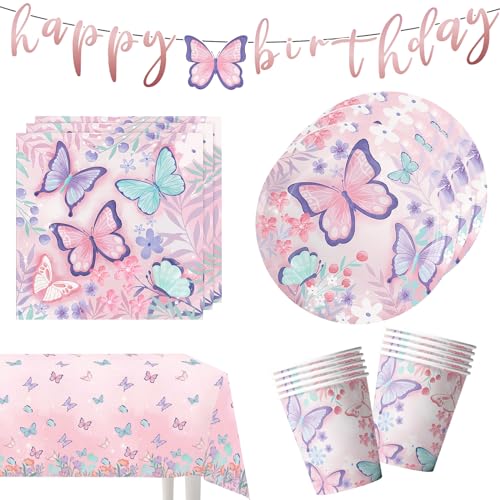 Gxhong 42 Stück Schmetterling Kinder Geburtstag Geschirr Mädchen Geschirr Geburtstag Party Schmetterling Geschirr Thema Schmetterling Rosa Teller Banner Tasse Handtuch Tischdecken, für Geburtstag von Gxhong