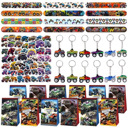 Gxhong 86Pcs Monstertruck Kindergeburtstag Party Mitgebsel, Monster Truck Themed Party Mitgebsel, Cartoon Geschenkbeutel Armband Schlüsselanhänger Aufkleber, für Monster Truck Gastgeschenk von Gxhong