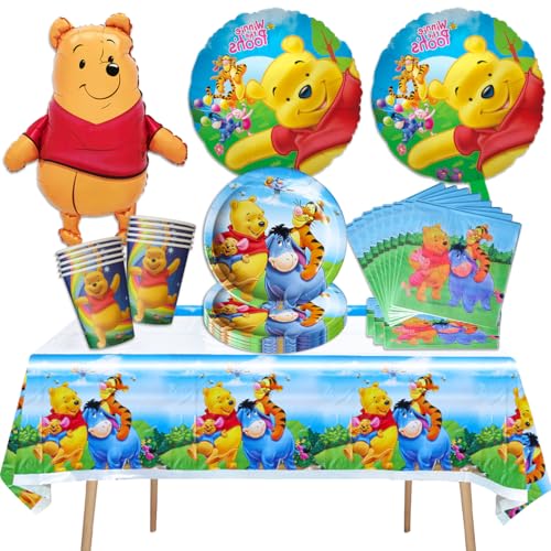 Winnie Kindergeburtstag Geschirr, Winnie Party Deko Geschirr Luftballons, Winnie Cartoon Partygeschirr Set mit Pappteller Servietten Becher Tischtücher Ballon, für Jungen Mädchen Thema Party Zubehör von Gxhong