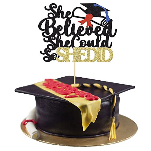 1 Stück She Believed She Could So She Did Cake Topper Gold Glitter 2022 Graduation Cake Topper Dekorationen für Mädchen Congrats Grad Graduation Party Supplies von Gyufise