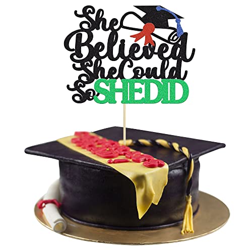 1 Stück She Believed She Could So She Did Cake Topper Green Glitter 2022 Graduation Decorations for Girls Graduation Party Supplies von Gyufise