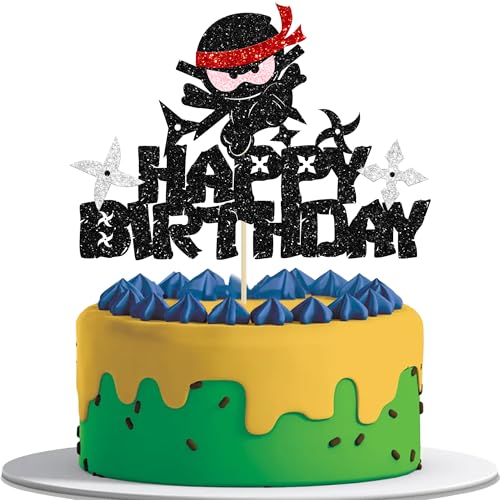 1Pc Ninja Happy Birthday Cake Topper Schwarz Glitter Martial Arts Cake Dekorationen Kung Fu Krieger Pick Ninja Thema Baby Dusche Kinder Geburtstag Party Kuchen Dekorationen Zubehör von Gyufise