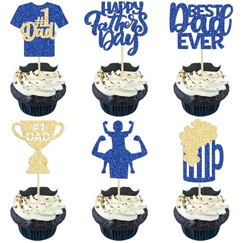 Cupcake-Topper "Happy Father's Day" mit Bier-T-Shirt, blauer Glitzer, Aufschrift "Best Dad Ever", Kuchendekoration Nr. 1 Papa, Cupcake-Picks für Happy Father's Day Motto-Party, Kuchendekorationen, von Gyufise