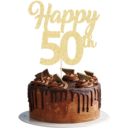 Tortenaufsatz "Happy 50th", goldfarben, glitzernd, Zahl 50, Fifty Birthday, Kuchendekoration für Prost bis 50. Geburtstag, Hochzeitstag, Partyzubehör, 3 Stück von Gyufise