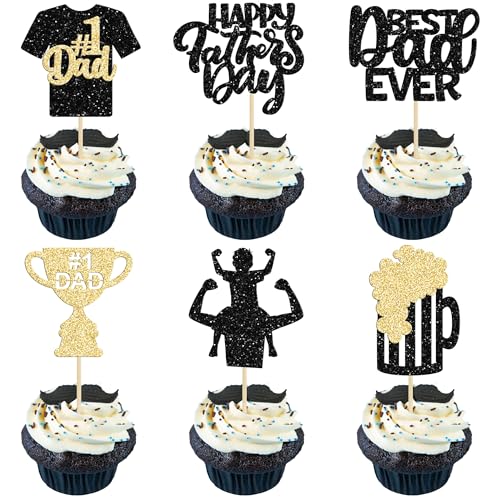 Cupcake-Topper mit Bier und schwarzem Glitzer-Shirt "No 1 Dad Best Dad Ever", Cupcake-Dekoration für "Happy Father's Day", 24 Stück von Gyufise