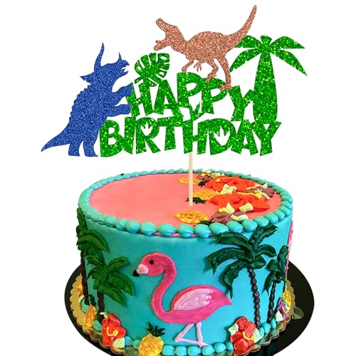 Gyufise 1 Packung Dinosaurier Happy Birthday Cake Topper Grün Glitter Dinosaur Cake Topper Dekoration für Dino Dschungel Jurassic Dinosaurier Themed Birthday Party Dekorationen von Gyufise